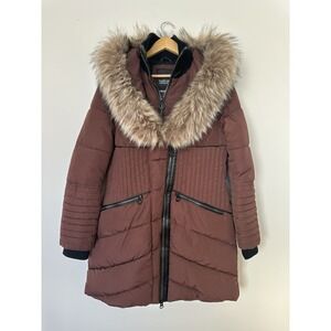 Noize Womens Large Brown Vegan Faux Fur Trim Quilted Parka Jacket